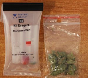 Narkotester i torebka z suszem roślinnym